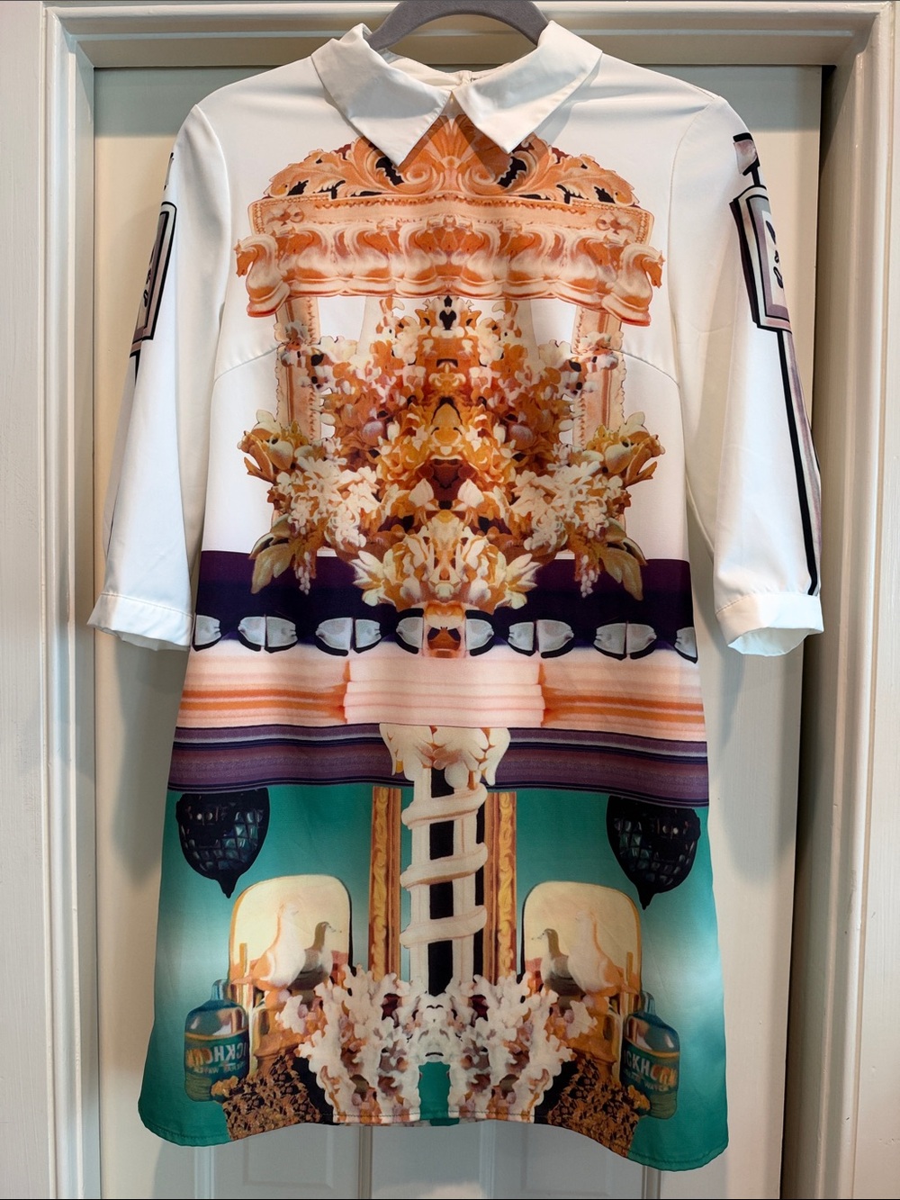 Printed Collared Tunic Dress- White, Teal & Coral